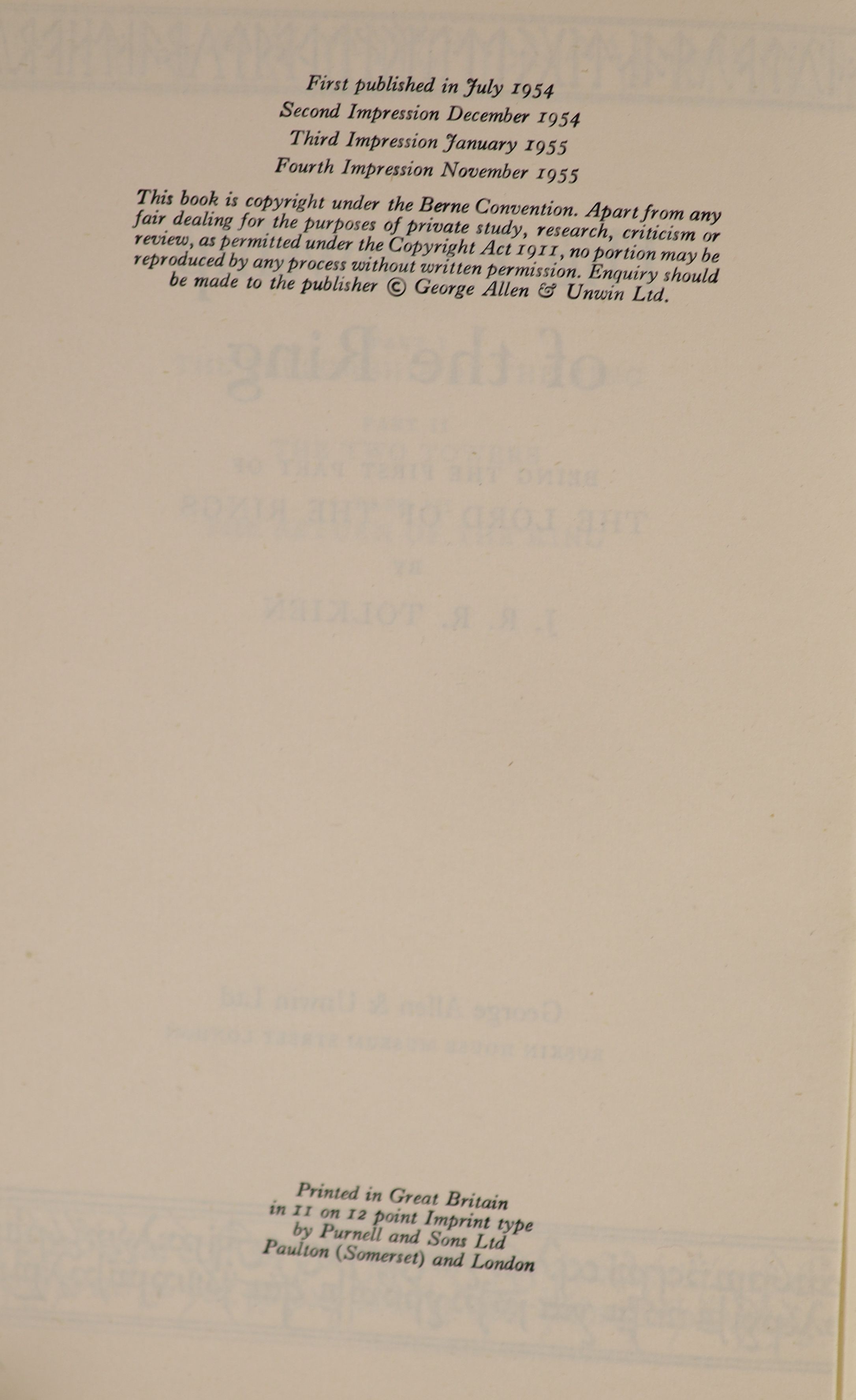 Tolkien, John Ronald Reuel - The Lord of the Rings, 1st editions, 2nd impressions of The Two Towers and The Return of the King, 1955, 4th impression of The Fellowship of the Ring, 1955, all original cloth, all with uncli